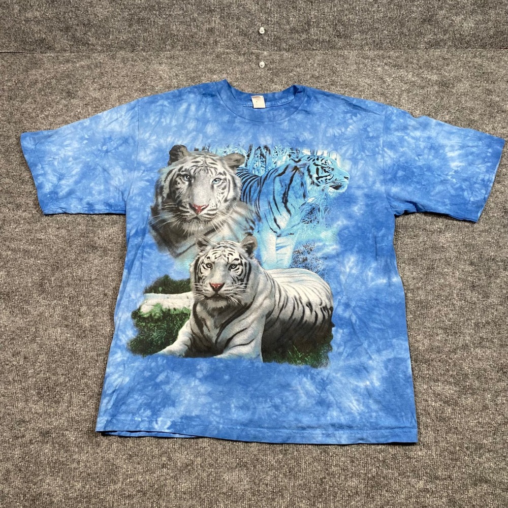 Mens Blue Tie Dye White Tiger Graphic T-Shirt Large Short Sleeve Cotton Tee